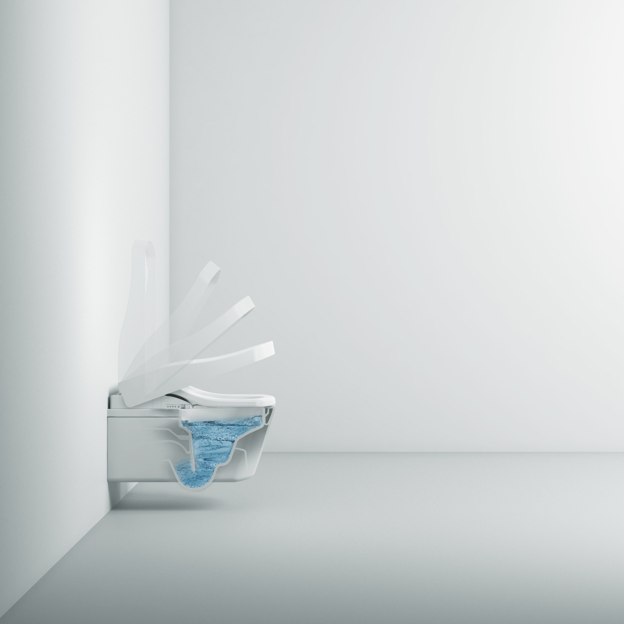 TORNADO FLUSH - SENSOR-ACTIVIERTER DECKEL Das Bild zeigt die Keramik einer mit einem Washlet bestückten Toilette. Das Innere der Toilette ist mit Wasser gefüllt und es zeigt den Tornado Flush. Die automatische Öffnung des Deckels wird durch unterschiedliche Sichtbarkeit dargestellt. Die aktuelle Position des Deckels ist klar sichtbar. Die höchste Position ist nur noch schwach sichtbar. Die Positionen, die sich zwischen den beiden befinden sind in absteigender Sichtbarkeit abgebildet.