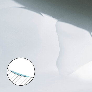 Dies ist eine Darstellung einer hydrophilen Keramik. Die Wassertropfen breiten sich auf der Keramik aus. In der linken unteren Ecke ist eine schematische Darstellung der hydrophilen Keramik. Das Wasser breitet sich weit auf der glatten Oberfläche aus. 